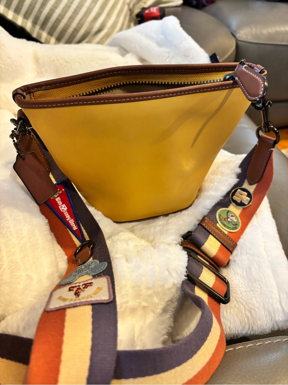 Coach Yellow Leather Bucket Messenger Bag with Brown Trim and Multicolor Strap